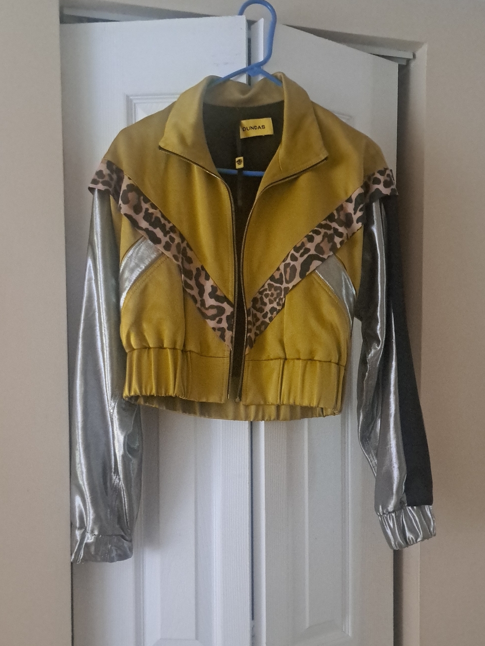 DUNDAS Mustard Yellow Bomber with Leopard Trim & Silver Sleeves